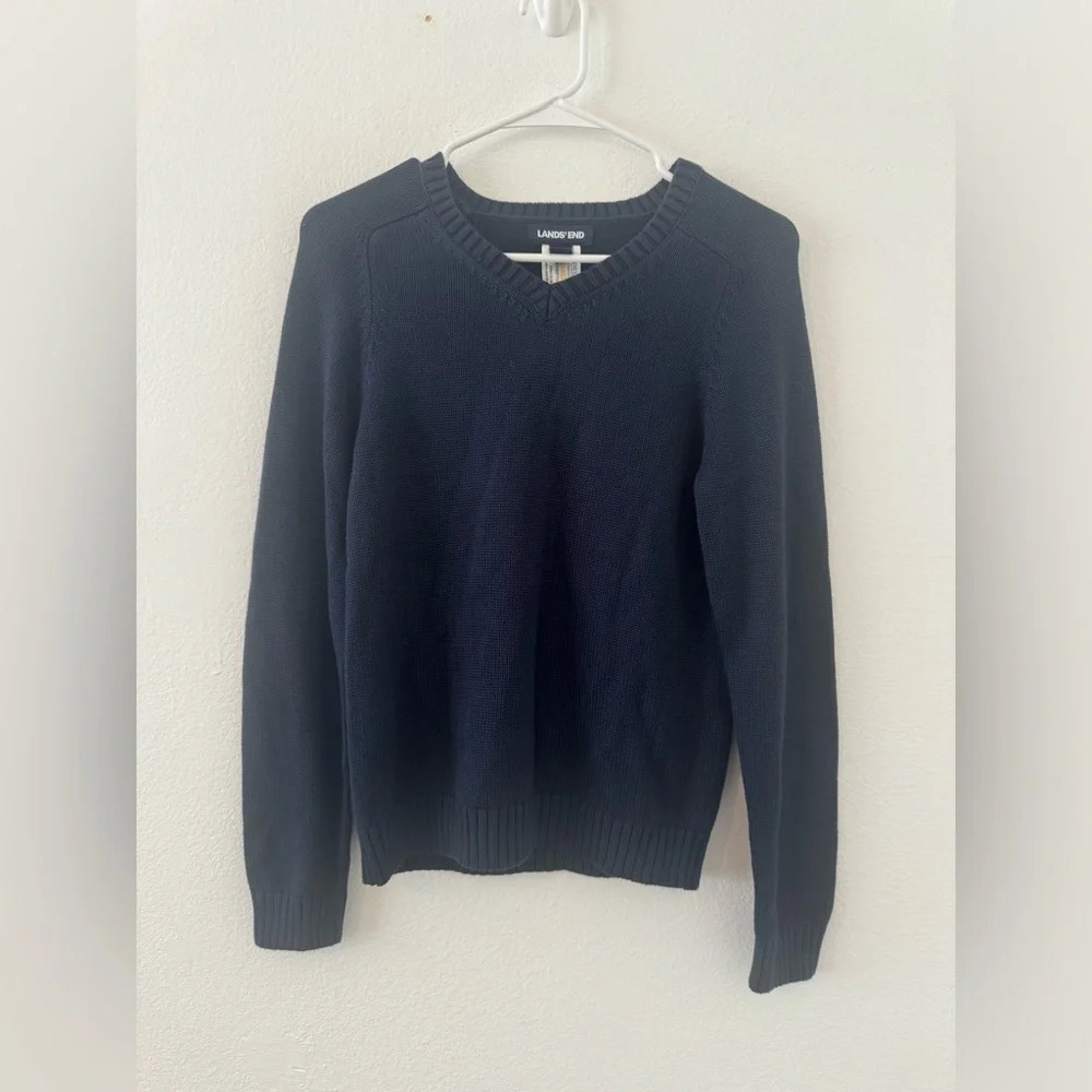 Lands End Girls Navy Ribbed Fisherman Knit Classic Sweater NWT Size M 10/12